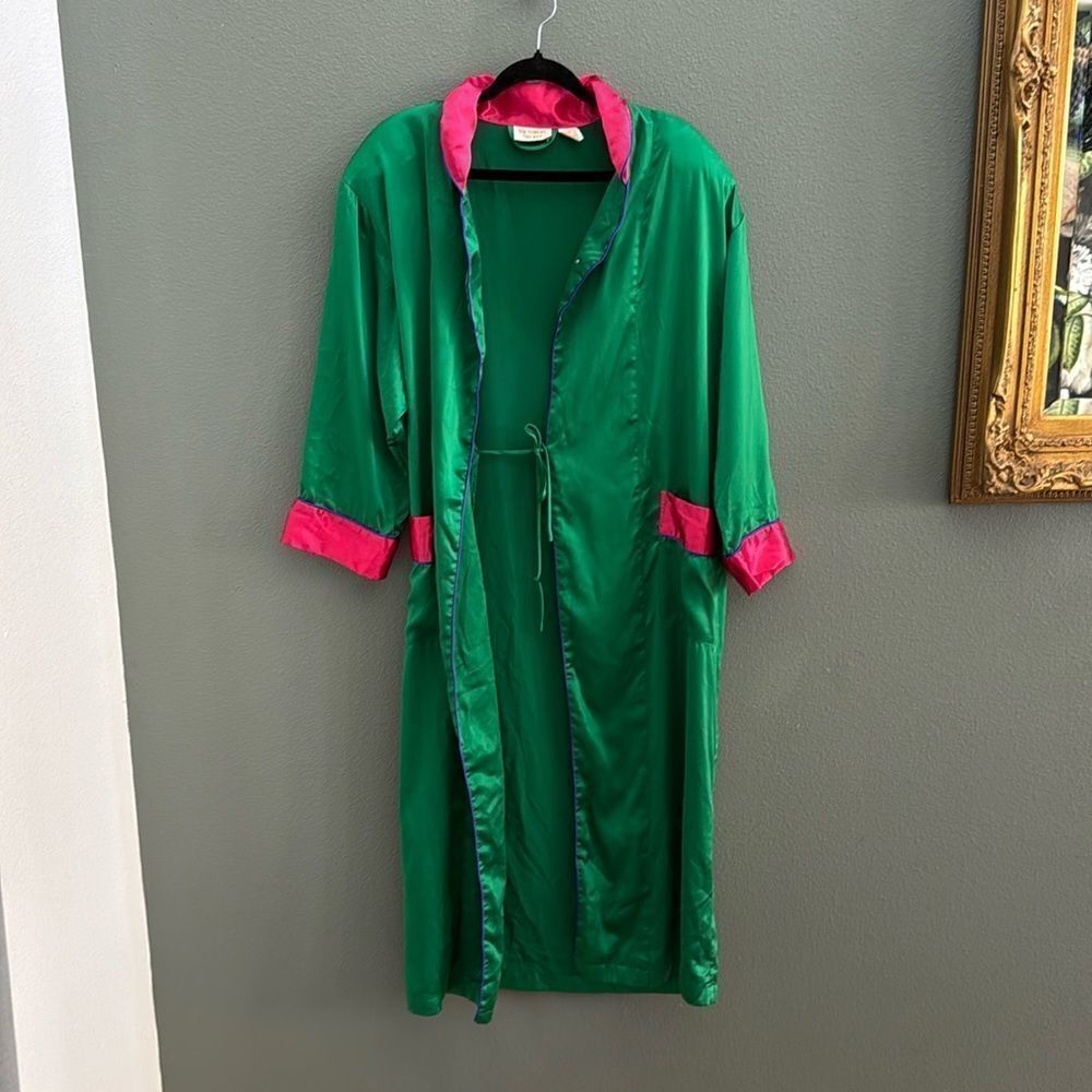 Victoria's Gold Label Vintage Secret Satin Green/Pink Kimono Style Robe Sz Small